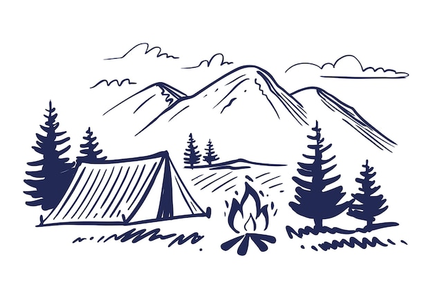 Tourist tent in mountains sketch.