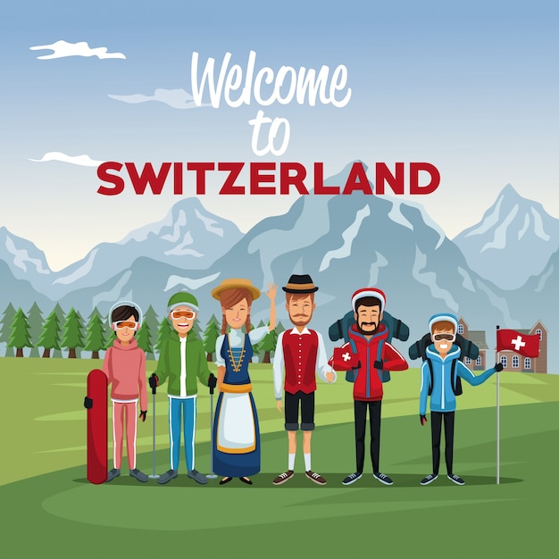 Vector tourist and traditional people with text welcome to switzerland