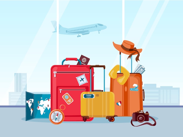 Vector tourist travel suitcases. luggage and bags with map, camera and summer hat in airport. tourism agency, adventure and vacation vector concept. illustration luggage and travel baggage