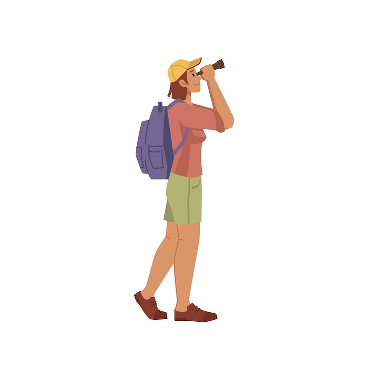Vector tourist traveler look at binoculars cartoon person