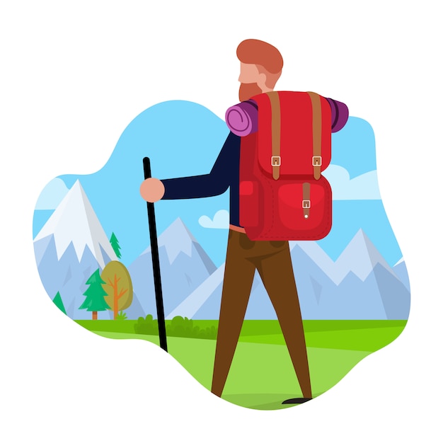 Tourist travels to mountains vector illustration.