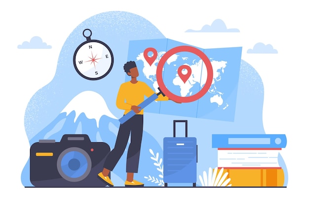 Tourist vacation concept Man with magnifying glass near world map suitcase and books Travel and active lifestyle Vacation and holiday Navigation and geolocation Cartoon flat vector illustration
