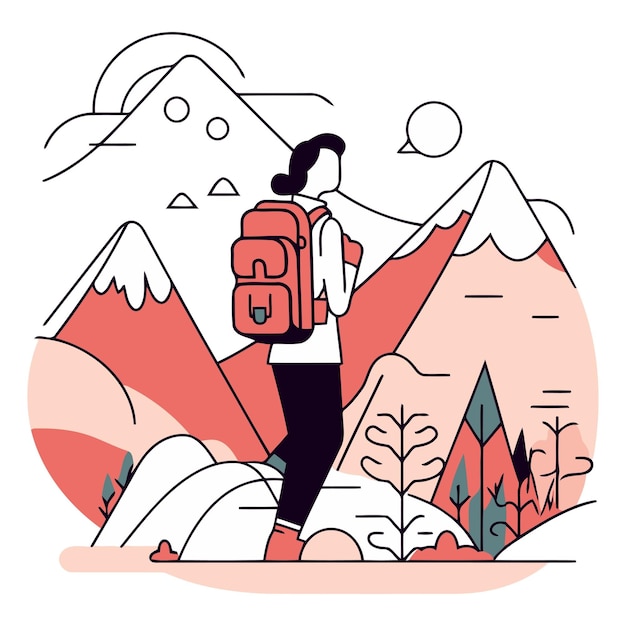 Tourist woman with a backpack in the mountains