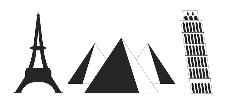 Vector touristic attractions black and white 2d line cartoon objects set