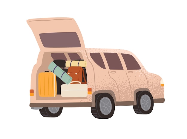 Vector touristic automobile with open trunk full of adventure equipment vector flat illustration. campervan with bags, suitcase, backpack and rolled mat or sleeping bag isolated on white. van for travel.