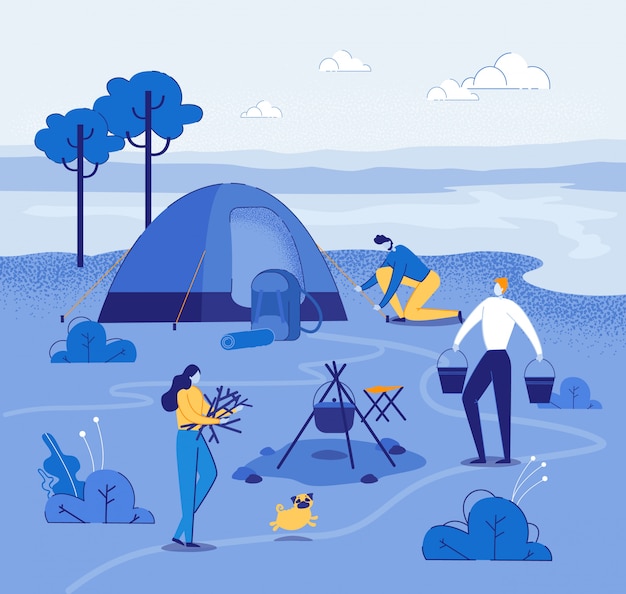 Туристический лагерь у реки с палаткой для отдыха