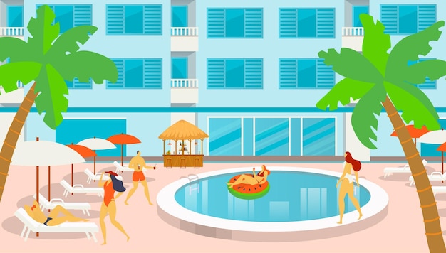 Vector touristic place hotel relaxing people together chill out swimming pool tropical vacation all