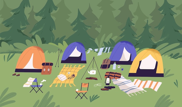 Туристический летний кемпинг с палатками, одеялами для пикника, спальными мешками и рюкзаками. Кемпинг на поляне в лесу. Туризм на природе. Цветная плоская векторная горизонтальная иллюстрация.