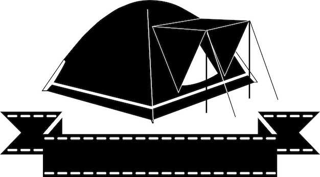 플랫 스타일 벡터 일러스트레이션의 플랫 스타일로 야외 캠핑의 여행용 텐트 및 블랙 배너