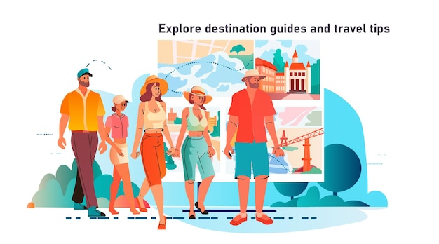 観光客が目的地ガイドと旅行のヒントを選択して探索する地図旅行コンセプト水平