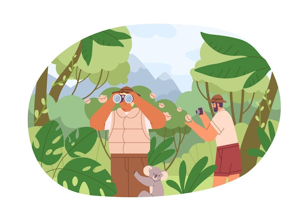 Tourists explore nature in jungle. Explorers travel in forest on holidays. People with binoculars and camera during summer journey in rainforest. Flat vector illustration isolated on white background