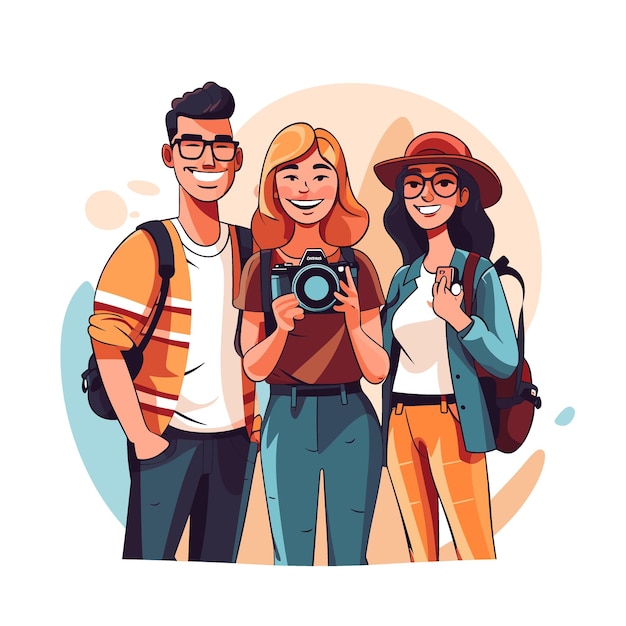 Tourists holding camera and taking photo Vector illustration in cartoon style