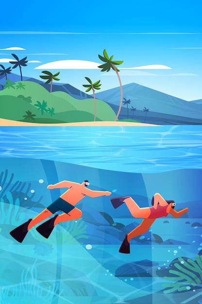 Vector tourists swimming in sea or ocean and watching marine fauna with fish and coral reef underwater recreational activity