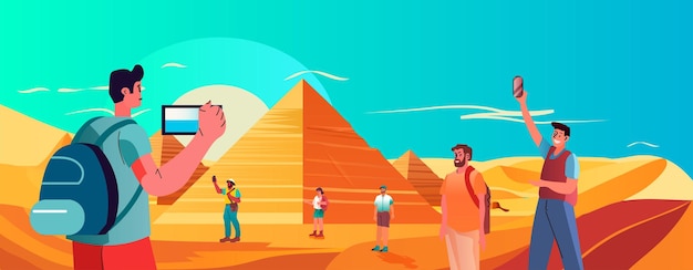 tourists taking photo in front of landmarks in travel journey on holidays vacation people in summer tour concept horizontal vector illustration