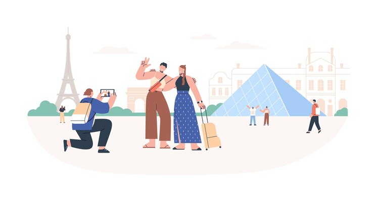 Vector tourists taking photo with landmarks during holiday travel. women friends visiting paris. people in france tour. girlfriends in french trip. flat vector illustration isolated on white background.