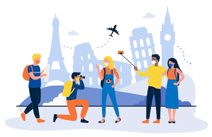 Vector tourists travel during coronavirus pandemic visit sightseeing places and make selfie