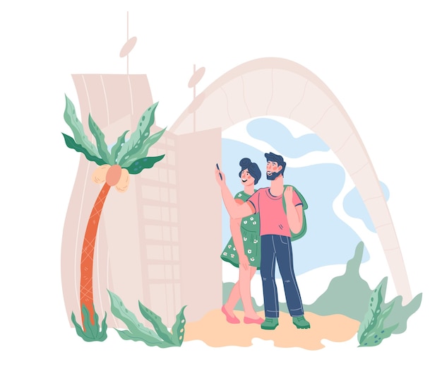 Vector tourists traveling couple making photo of modern town flat vector illustration