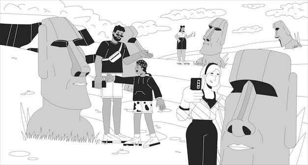 Vector tourists visit easter island black and white line illustration