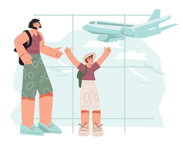 벡터 공항 홀 에서 비행기 를 기다리는 관광객 들 아이 와 어머니 가 비행기 를 타고 여행 하는 사람 들