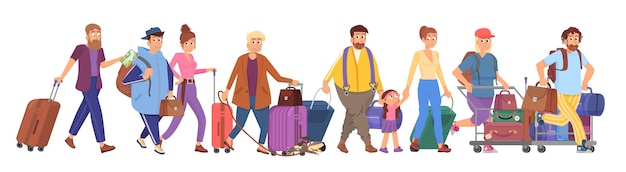 ベクトル バックパッカーを歩く観光客が空港に行く荷物とバッグを持った人々が休暇に行く漫画のキャラクターが鉄道駅のまともなベクトルシーンに走る