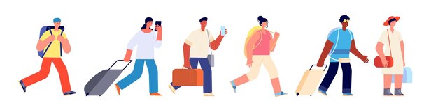 Turisti che camminano felice giovane viaggio turistico coda in aeroporto donna uomo con valigia bagaglio a mano gruppo turistico adulto piatto caratteri vettoriali completi