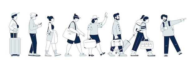 Tourists walking Young businessman travel people walk with suitcase Family travelling person on airport Isolated group journey recent vector characters