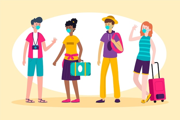 Vector tourists wearing face masks illustration