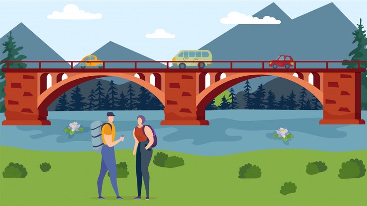 Vector tourists with backpacks stand on the river bank   illustration.