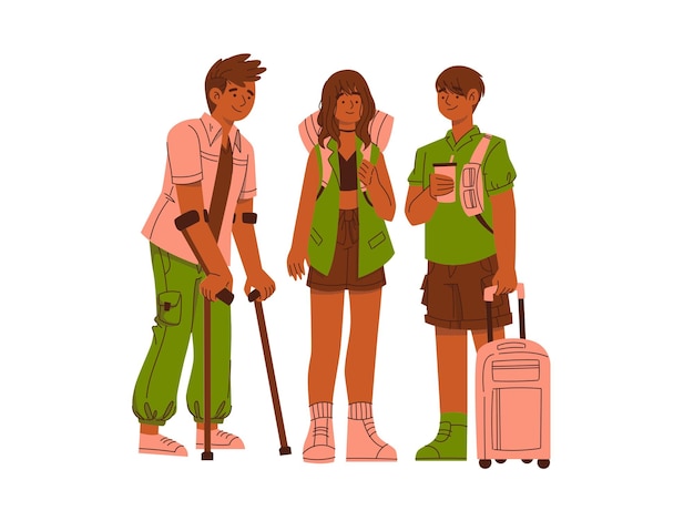 Vector tourists with backpacks and trekking poles vector illustration