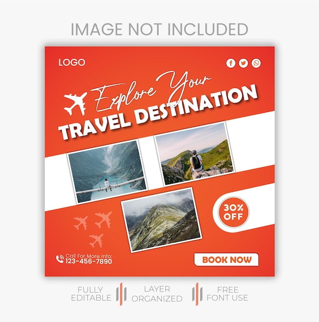 tours travel social media post or instagram banner design template