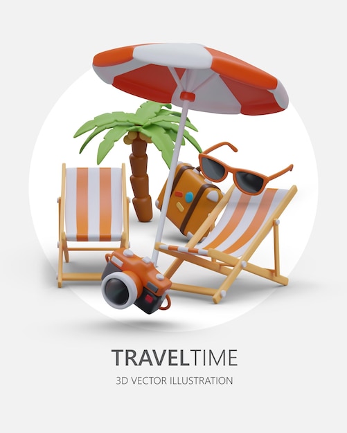 Tours to tropical countries Rest under palm trees Promotional offer from travel operator Vertical concept with floating 3D figures Poster with place for slogan logo