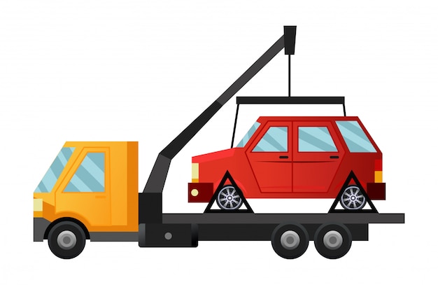 Vector tow truck. cool flat towing truck with broken car. road car repair service assistance vehicle with damaged