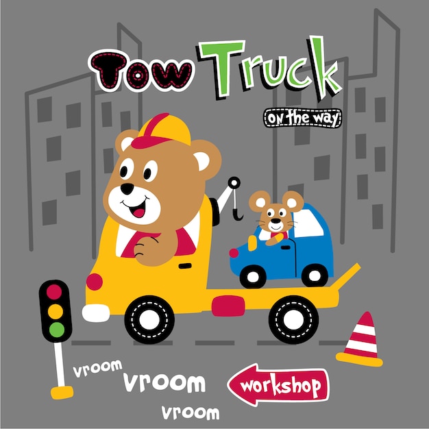 Vector tow truck and funny animal cartoon