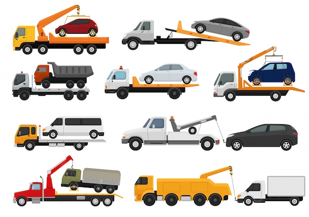 Tow truck towing car trucking vehicle transportation towage help on road illustration set of towed auto transport isolated on white background