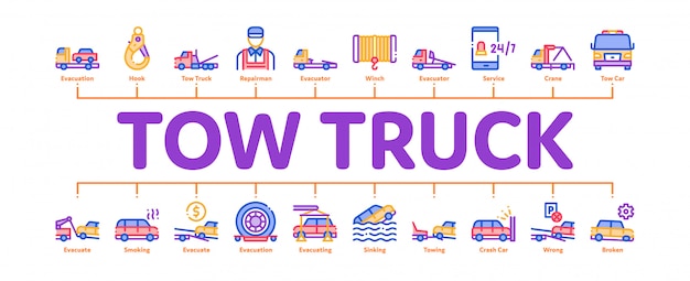 Vector tow truck transport minimal infographic banner