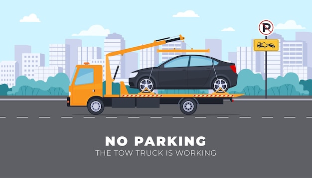 Vector the tow truck transports the car improper car parking and evacuation to the penalty area vector illustration