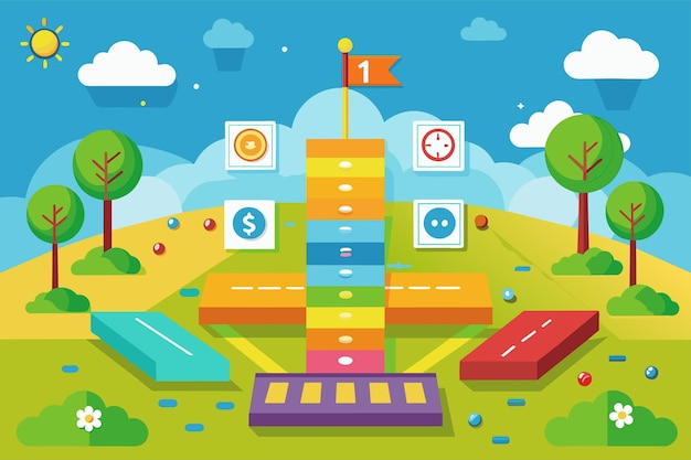 Vector a tower of blocks stands tall in a colorful open field hopscotch customizable flat illustration