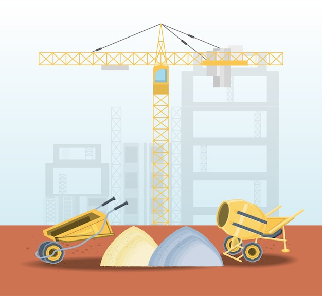 Tower crane and wheelbarrow and concrete mixer 