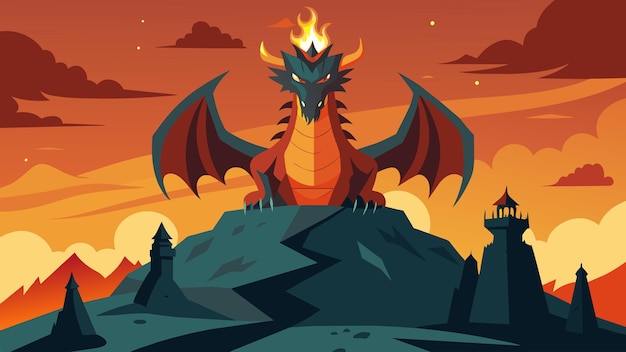 Вектор towering over the landscape is a massive firebreathing dragon who guards the heart of the island