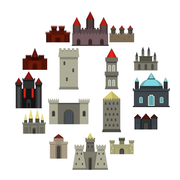 Towers and castles icons set in flat style