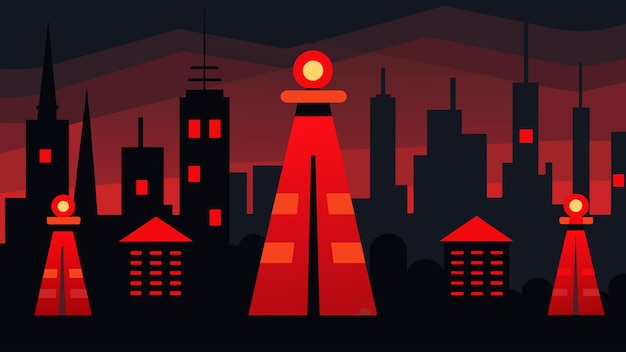 The towers red warning lights cast an eerie glow over the city a constant reminder of the looming