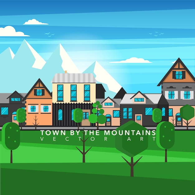 Vector town by the mountain background