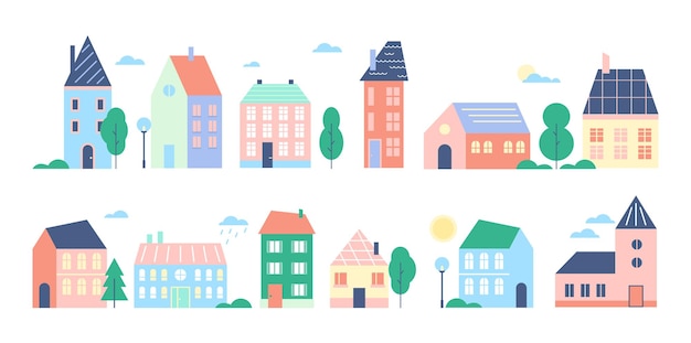Town or city houses cartoon  cute colorful urban cityscape collection of modern retro townhouses