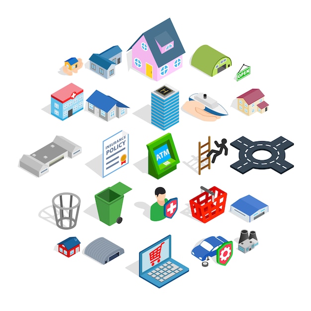 Town hall icons set, isometric style