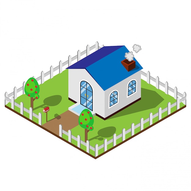 Town House in isometric design view with White fence