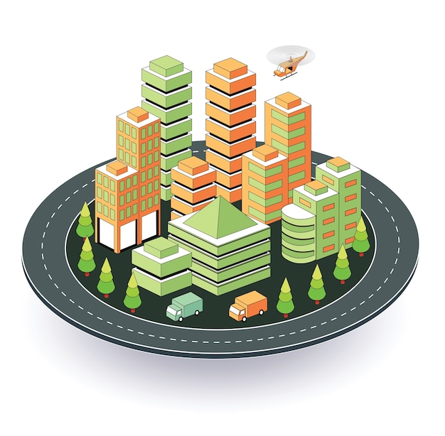 Vector town in isometric view with the landscape