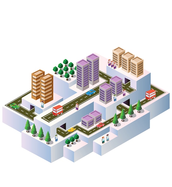 Vector town in isometric view with the landscape