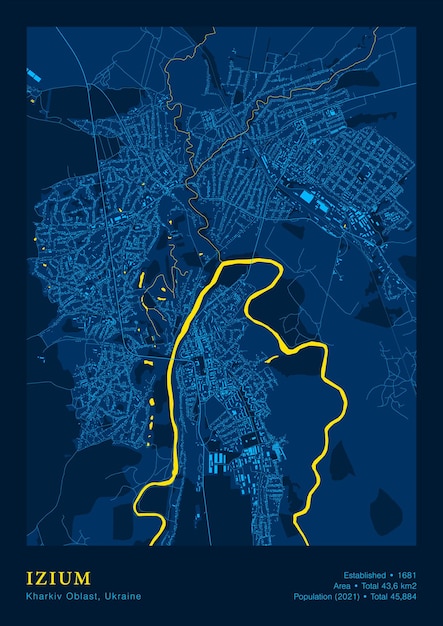 Città izium ucraina kharkiv oblast vector poster mappa altamente dettagliata nei colori patriottici della bandiera blu gialla nazionale il sistema di trasporto cittadino include una mappa raggruppata con edifici, strade e oggetti d'acqua