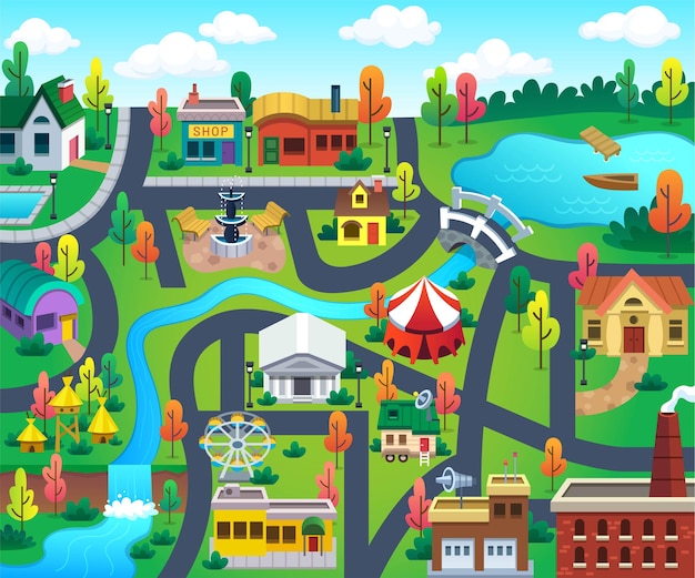 Vettore mappa della città per il paesaggio della città dei bambini per la schermata di gioco