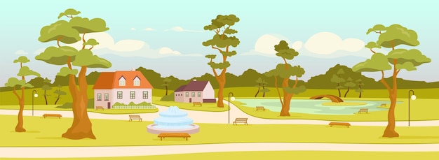 Town park flat color . city recreation zone. village square. outdoor rest. streets and houses 2d cartoon landscape with trees, benches and pond with bridge on background